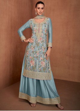 Chinon Embroidered Designer Salwar Suit in Turquoise