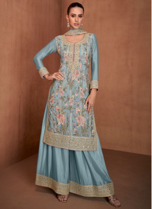 Chinon Embroidered Designer Salwar Suit in Turquoise