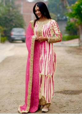 Chinon Embroidered Readymade Salwar Kameez in Cream and Rani