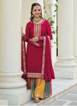 Chinon Embroidered Red Trendy Salwar Kameez
