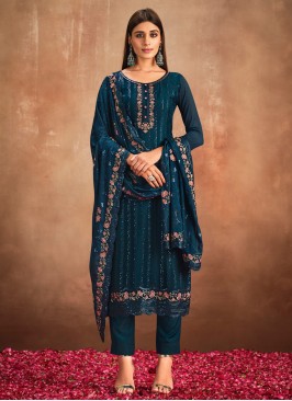 Chinon Embroidered Salwar Suit in Teal
