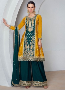 Chinon Embroidered Trendy Designer Salwar Kameez in Mustard and Teal