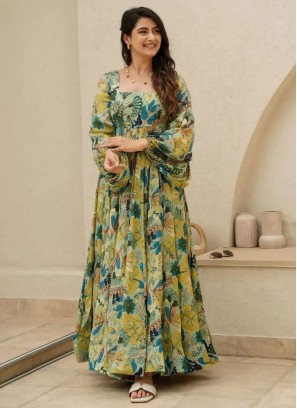 Chinon Green Digital Print Readymade Gown