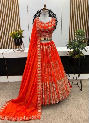 Chinon Orange Embroidered Designer Lehenga Choli