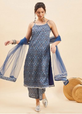 Chinon Printed Trendy Salwar Kameez in Blue