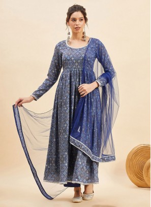 Chinon Printed Trendy Salwar Suit in Blue