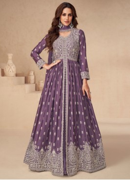 Chinon Purple Embroidered Readymade Lehenga Choli