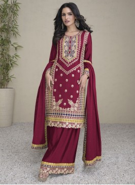 Chinon Readymade Salwar Kameez in Maroon and Rani