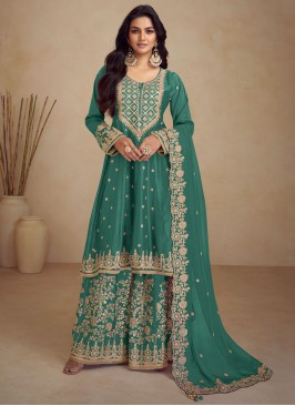 Chinon Trendy Salwar Kameez in Rama