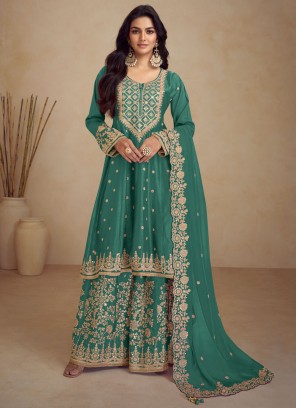 Chinon Trendy Salwar Kameez in Rama