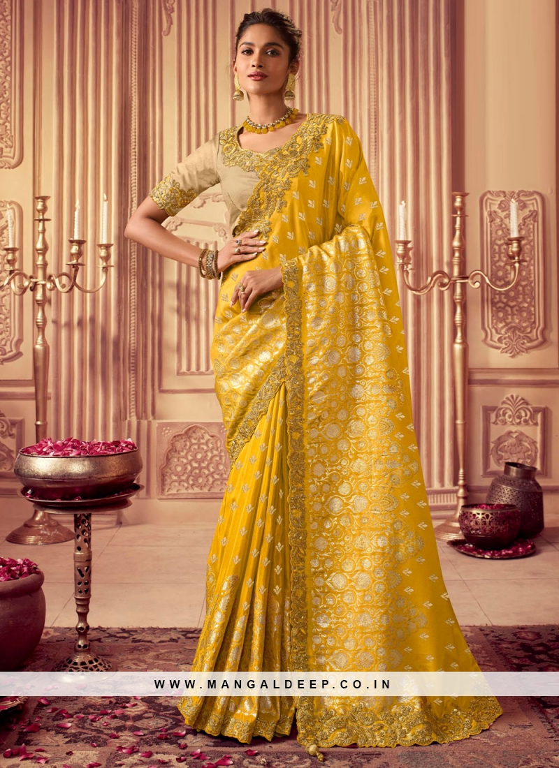 Delectable Green and Yellow Silk Designer Saree Buy Online - New Arrivals