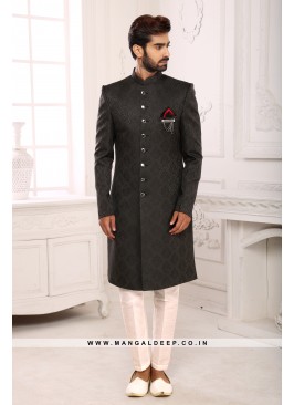 Classic Black Indo Western Shervani in Imported Jacquard Brocade With Aligadhi Pant