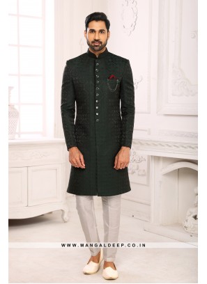 Classic Bottle Green Indo Western Shervani in Imported Jacquard Brocade With Aligadhi Pant
