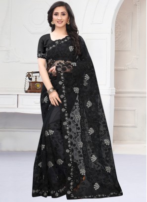 Classic Designer Saree Embroidered Net in Black