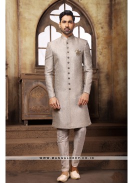 Classic Grey Indo Western Shervani in Imported Jac