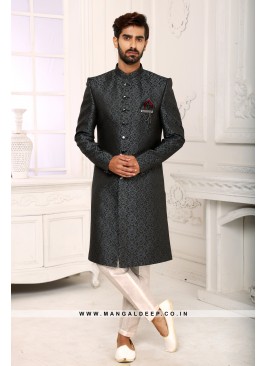 Classic Grey Indo Western Shervani in Imported Jac