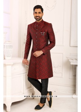Classic Maroon Indo Western Shervani in Imported J