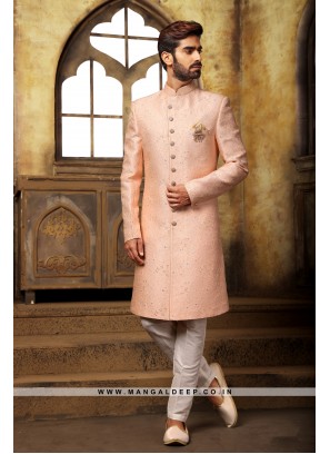 Classic Peach Indo Western Shervani in Imported Jacquard Brocade With Aligadhi Pant
