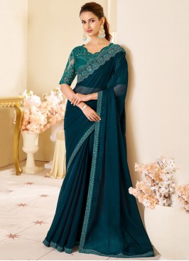 Classic Saree Sequins Shimmer Georgette in Blue and Teal