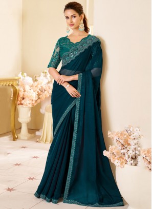 Classic Saree Sequins Shimmer Georgette in Blue and Teal