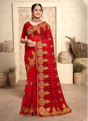 Classic Saree Stone Net in Red