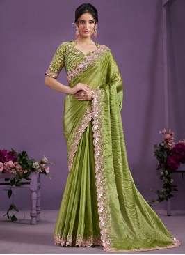 Classic Saree Stone Satin Silk in Green