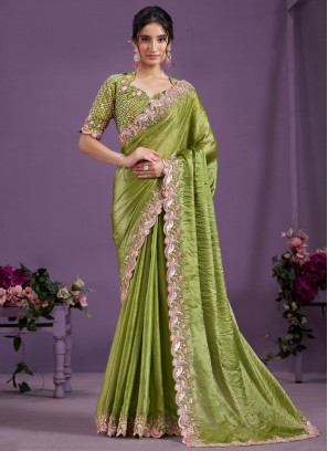 Classic Saree Stone Satin Silk in Green