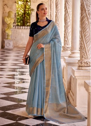 Classic Saree Woven Linen in Aqua Blue