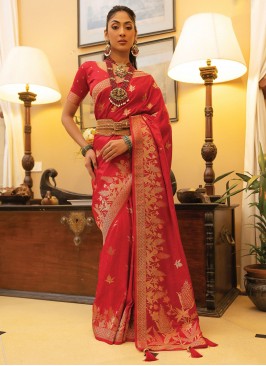 Classic Saree Woven Satin in Red