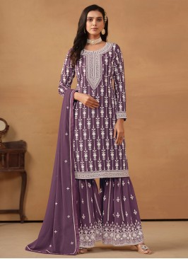 Classical Embroidered Purple Faux Georgette Salwar