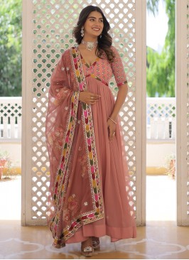 Classical Faux Georgette Sequins Peach Readymade Trendy Gown 