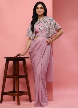 Classical Plain Pink Chiffon Designer Saree