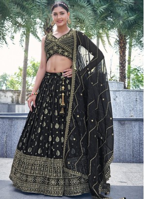 Classical pure-dola Embroidered Black Readymade Lehenga Choli