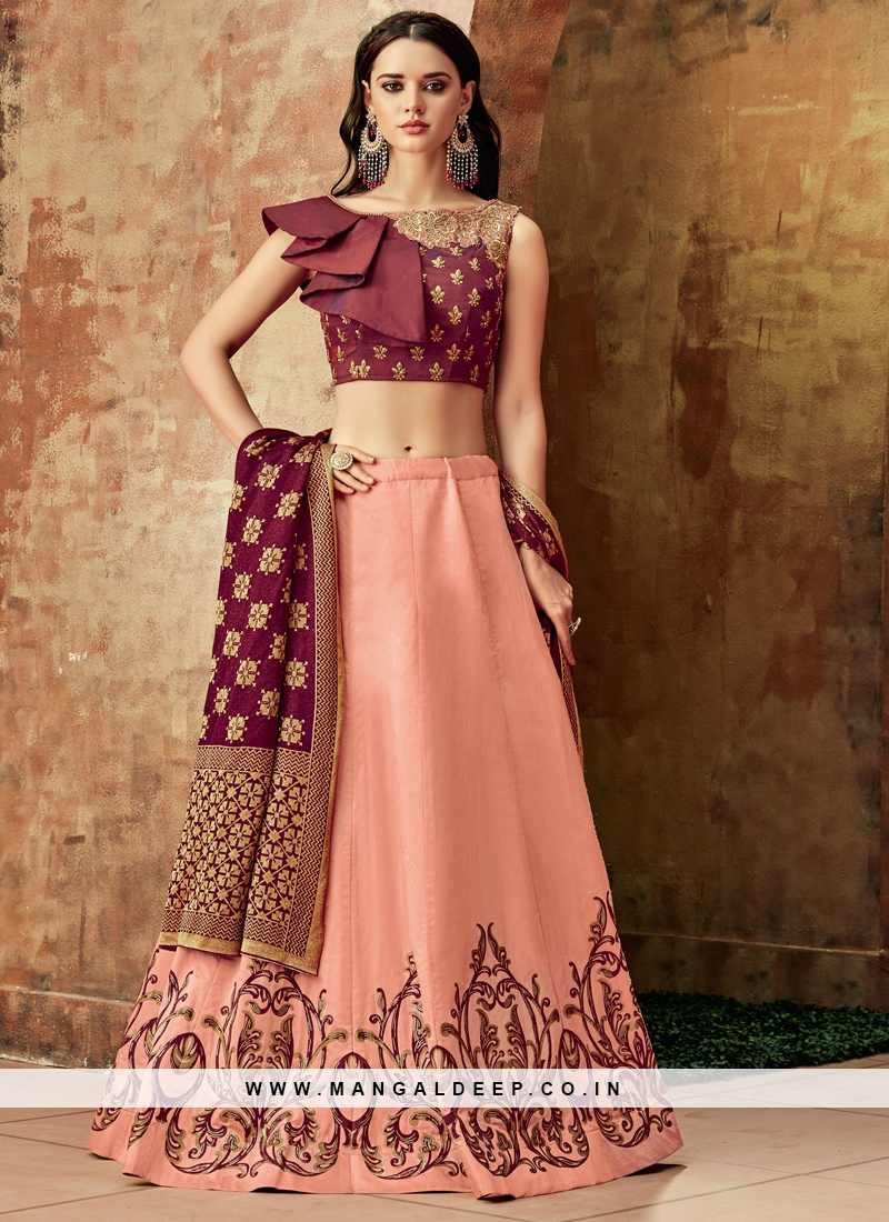 WINE PURPLE LEHENGA SET WITH SILVER AND PEARL PATTERNED EMBROIDERY PAIRED  WITH A CONTRAST ICE SILVER DUPATTA AND SILVER - Seasons India