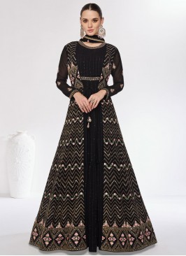 Classy Black Embroidered Chinon Readymade Gown