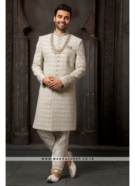Classy Grey Embroidered Art Silk Wedding Wear Indo