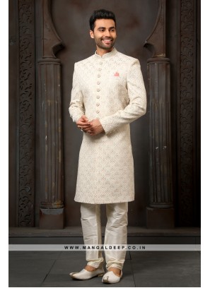 Classy Cream Embroidered Art Silk Wedding Wear Indo Western Sherwani