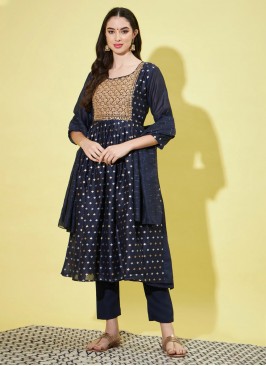 Compelling Chanderi Navy Blue Embroidered Pant Sty