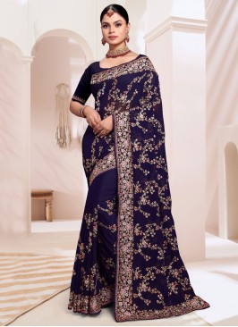 Compelling Navy Blue Festival Designer Saree