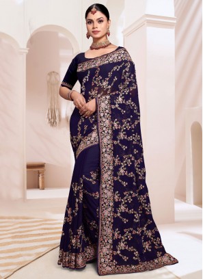 Compelling Navy Blue Festival Designer Saree