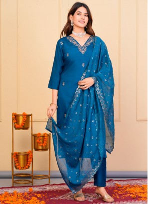 Competent Chanderi Blue Zari Designer Salwar Kameez