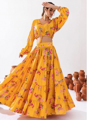 Competent Chinon Digital Print Yellow Readymade Lehenga Choli