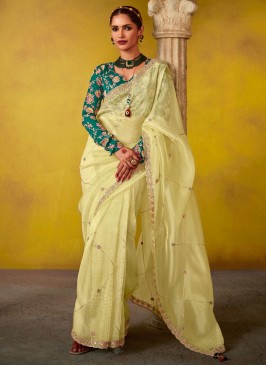 Competent Cream and Green Cutwork Tissue Contemporary Saree