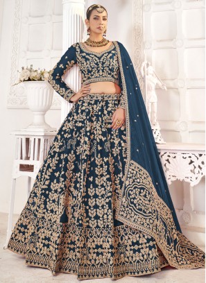 Competent Morpeach  and Teal Wedding Long Choli Lehenga