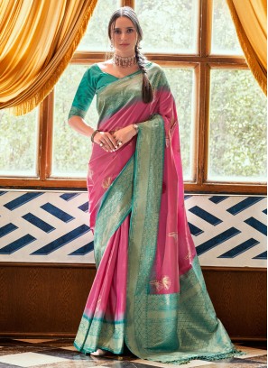 Competent Pink and Turquoise Weaving Traditional Saree