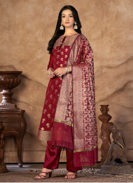 Conspicuous Maroon Banarasi Silk Straight Salwar Suit