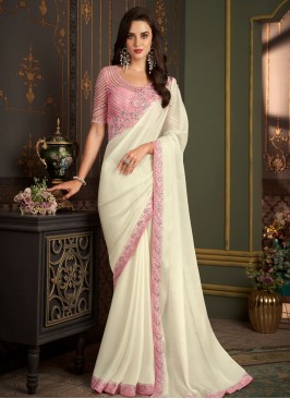 Conspicuous Off White and Pink Embroidered Trendy Saree