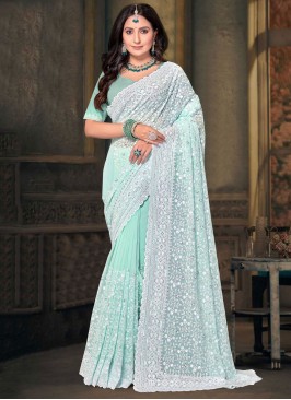 Conspicuous Sequins Aqua Blue Traditional Saree