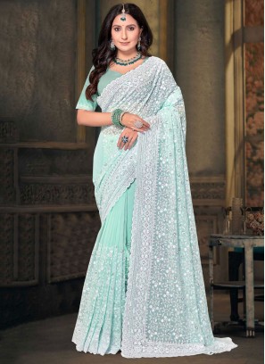 Conspicuous Sequins Aqua Blue Traditional Saree