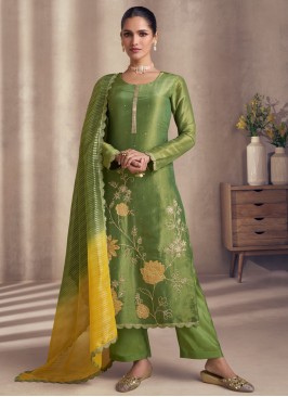 Conspicuous Shimmer Zari Green Readymade Salwar Kameez